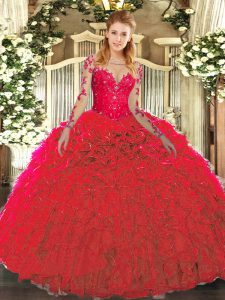 Best Red Lace Up 15th Birthday Dress Lace and Ruffles Sleeveless Floor Length