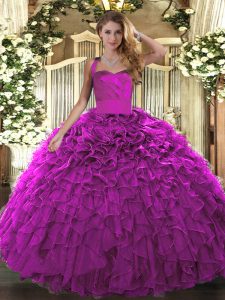 Ruffles Quinceanera Gown Fuchsia Lace Up Sleeveless Floor Length