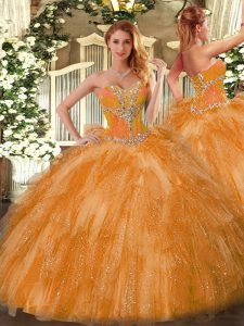 Beading and Ruffles Quinceanera Gowns Orange Lace Up Sleeveless