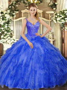 Beautiful Floor Length Royal Blue 15th Birthday Dress Tulle Sleeveless Beading and Ruffles