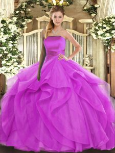 Fuchsia Lace Up Sweet 16 Quinceanera Dress Ruffles Sleeveless Floor Length