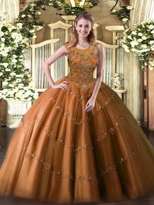 Tulle Scoop Sleeveless Zipper Beading and Appliques Quinceanera Gown in Rust Red