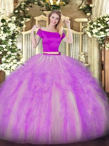 Superior Two Pieces Quinceanera Dress Lilac Off The Shoulder Tulle Short Sleeves Floor Length Zipper