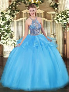 Most Popular Aqua Blue Ball Gowns Beading and Ruffles 15 Quinceanera Dress Lace Up Tulle Sleeveless Floor Length