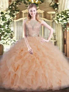Gorgeous Scoop Sleeveless Sweet 16 Quinceanera Dress Floor Length Beading and Ruffles Champagne Tulle