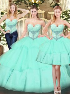 On Sale Apple Green Sweetheart Neckline Beading and Ruffled Layers Sweet 16 Dress Sleeveless Lace Up