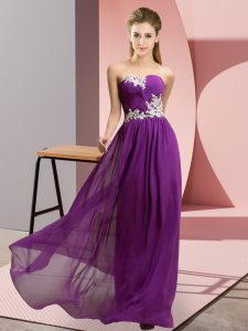Purple Chiffon Lace Up Sweetheart Sleeveless Floor Length Prom Dress Appliques