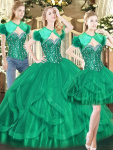 Edgy Dark Green Sweetheart Neckline Beading and Ruffles Quinceanera Dress Sleeveless Lace Up