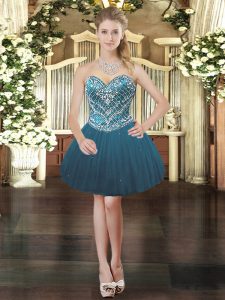 Teal Sleeveless Tulle Lace Up Prom Gown for Prom and Party