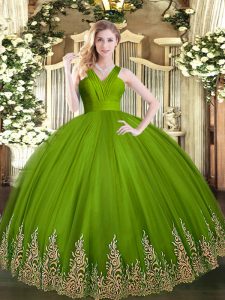 Graceful Olive Green Zipper V-neck Appliques Quinceanera Dress Tulle Sleeveless