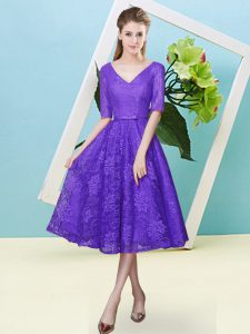 Sophisticated Purple Half Sleeves Bowknot Tea Length Quinceanera Dama Dress