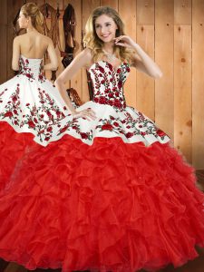 Best Wine Red Ball Gowns Satin and Organza Sweetheart Sleeveless Embroidery and Ruffles Floor Length Lace Up Quinceanera Gowns