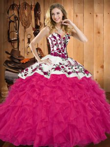 Chic Hot Pink Tulle Lace Up Ball Gown Prom Dress Sleeveless Floor Length Embroidery and Ruffles