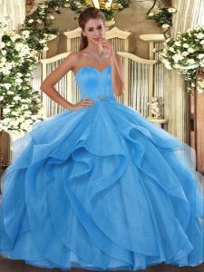 Sophisticated Baby Blue Tulle Lace Up Quinceanera Dresses Sleeveless Floor Length Beading and Ruffles