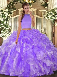 Delicate Lavender Two Pieces Halter Top Sleeveless Organza Floor Length Backless Beading and Ruffles Sweet 16 Dress