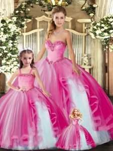 Perfect Hot Pink Sweetheart Lace Up Beading and Ruffles 15th Birthday Dress Sleeveless