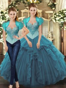Teal Ball Gowns Straps Sleeveless Tulle Floor Length Lace Up Beading and Ruffles Quinceanera Dresses