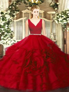 Floor Length Wine Red Ball Gown Prom Dress Fabric With Rolling Flowers Sleeveless Beading
