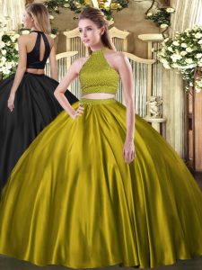 Glorious Floor Length Yellow Green Quinceanera Gown Halter Top Sleeveless Backless