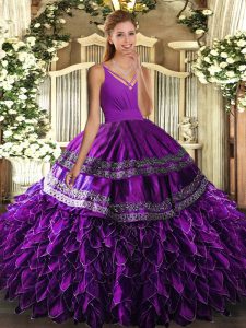 Beautiful Sleeveless Organza Floor Length Lace Up 15 Quinceanera Dress in Eggplant Purple with Beading and Appliques and Ruffles