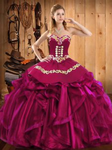 Fuchsia Lace Up Ball Gown Prom Dress Embroidery and Ruffles Sleeveless Floor Length
