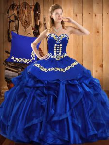 Royal Blue Organza Lace Up Sweetheart Sleeveless Floor Length Quinceanera Gowns Embroidery and Ruffles