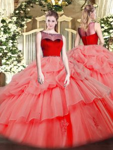 Sleeveless Organza Floor Length Zipper Vestidos de Quinceanera in Watermelon Red with Beading and Appliques