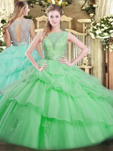 Sexy Apple Green Tulle Backless Vestidos de Quinceanera Sleeveless Floor Length Beading and Ruffled Layers
