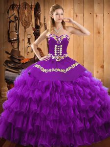 Sleeveless Floor Length Embroidery and Ruffled Layers Lace Up Sweet 16 Dresses with Purple