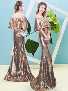 Latest Gold Off The Shoulder Neckline Sequins Prom Dress Half Sleeves Zipper