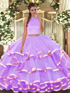 Floor Length Lavender Quinceanera Gown Organza Sleeveless Beading and Ruffled Layers