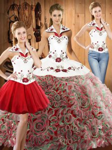 Suitable Sleeveless Floor Length Embroidery Lace Up Vestidos de Quinceanera with Multi-color