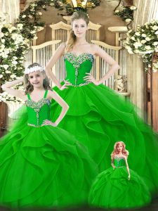 Custom Design Green Organza Lace Up Sweetheart Sleeveless Floor Length Quinceanera Dresses Beading and Ruffles