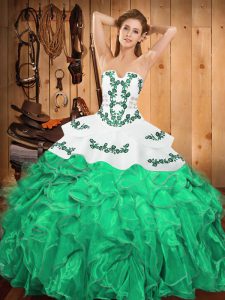 Turquoise Ball Gowns Embroidery and Ruffles 15th Birthday Dress Lace Up Satin and Organza Sleeveless Floor Length