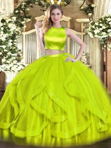 Eye-catching Yellow Green Tulle Criss Cross Quinceanera Gown Sleeveless Floor Length Ruffles