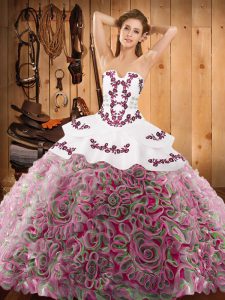 On Sale Multi-color Ball Gowns Strapless Sleeveless Satin and Fabric With Rolling Flowers With Train Sweep Train Lace Up Embroidery 15th Birthday Dress