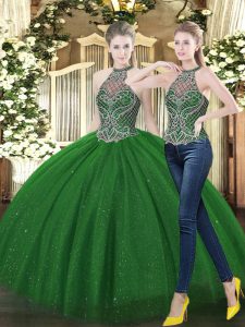 Stylish Floor Length Dark Green Sweet 16 Quinceanera Dress High-neck Sleeveless Lace Up