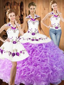 Lilac Three Pieces Fabric With Rolling Flowers Halter Top Sleeveless Embroidery Floor Length Lace Up Quinceanera Dresses