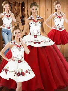 White And Red Quinceanera Dresses Military Ball and Sweet 16 and Quinceanera with Embroidery Halter Top Sleeveless Lace Up