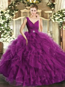 Dazzling Ball Gowns Vestidos de Quinceanera Fuchsia V-neck Organza Sleeveless Floor Length Backless