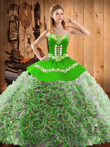 Multi-color Ball Gowns Satin and Fabric With Rolling Flowers Sweetheart Sleeveless Embroidery With Train Lace Up Ball Gown Prom Dress Sweep Train
