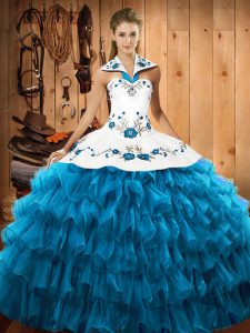 Wonderful Teal Lace Up Halter Top Embroidery and Ruffled Layers Quinceanera Dresses Organza Sleeveless