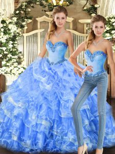 Glorious Baby Blue and Light Blue Sleeveless Floor Length Beading and Ruffles Lace Up Quinceanera Dress