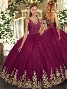 Burgundy Tulle Backless 15th Birthday Dress Sleeveless Floor Length Beading and Appliques