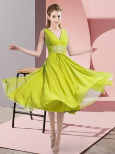 Traditional Sleeveless Knee Length Beading Side Zipper Damas Dress with Yellow Green