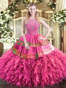 High Class Tulle Halter Top Sleeveless Zipper Beading and Ruffles and Sequins 15th Birthday Dress in Hot Pink