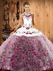 Low Price Multi-color Quinceanera Gown Fabric With Rolling Flowers Sweep Train Sleeveless Embroidery