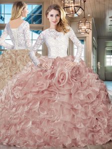 Long Sleeves Lace and Fading Color Brush Train Lace Up Sweet 16 Dresses in Pink And White with Lace and Ruffles