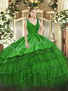 Vintage Sleeveless Floor Length Beading and Lace and Embroidery and Ruffled Layers Backless Quinceanera Gowns with Green