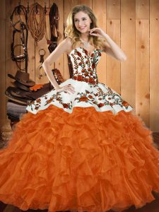 Orange Red Lace Up Ball Gown Prom Dress Embroidery and Ruffles Sleeveless Asymmetrical
